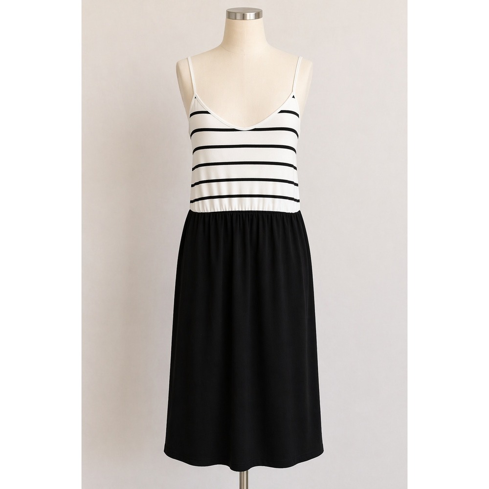 Womens 2XL Black White Contrast‎ Dress Minimalist Chic Striped Midi Dress